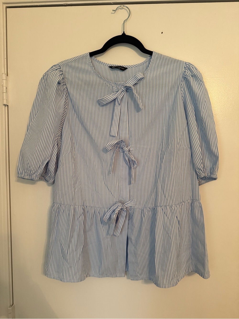 Blue & White Striped Tie-Front Peplum Blouse